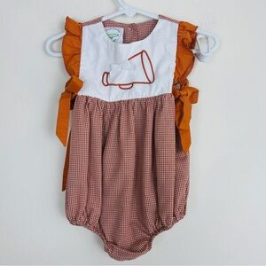 Southern Smocked orange and white gingham checked cheer romper.